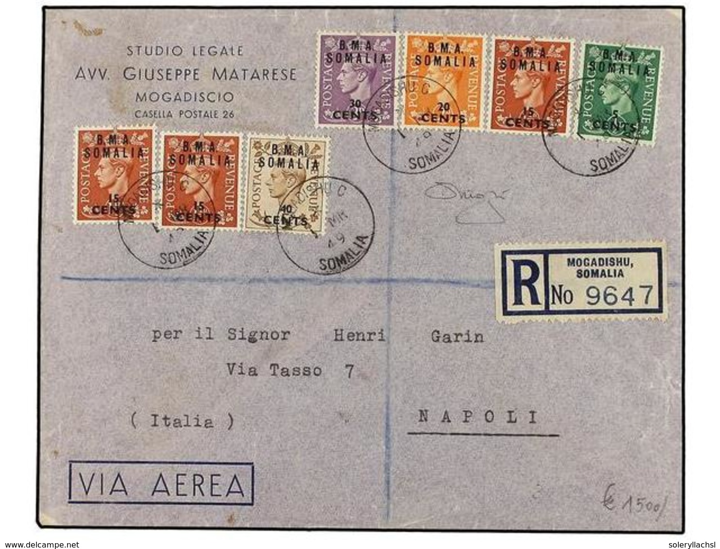 SOMALIA. Sa.10, 11 (3), 12, 14, 15. 1949 (1-III). MOGADICCIO A NÁPOLES. Precioso Franqueo En Carta Circulada, Al Dorso L - Other & Unclassified