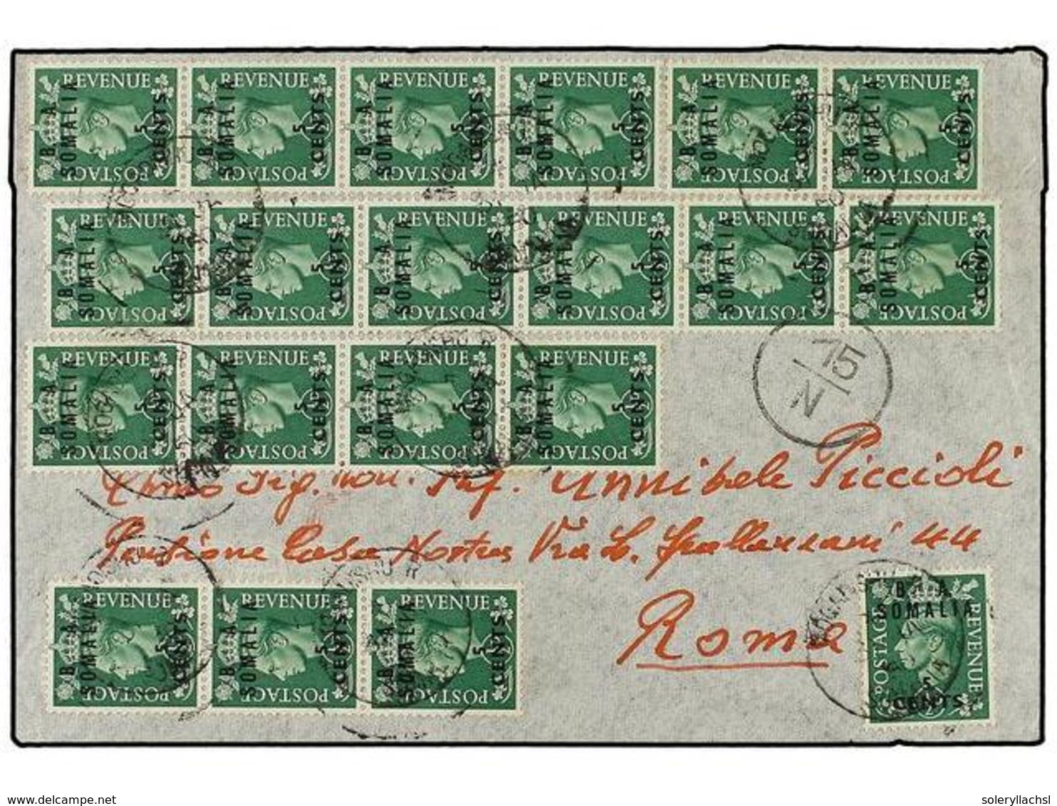 SOMALIA. Sa.10 (20). 1950 (31-I). MOGADICCIO A ROMA. 5 Cents. S. 1/2 D. Verde (2) Espectacular Franqueo. (Sa. 4.000€). - Otros & Sin Clasificación