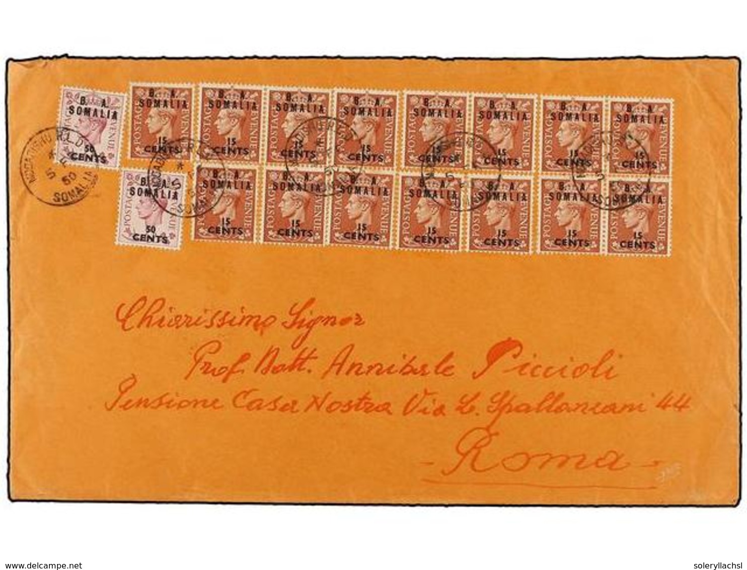 SOMALIA. Sa.22 (15), 27 (2). 1950 (5-II). MOGADICCIO A ROMA. 15 Cents. S. 1 1/2 D. Castaño (15) Y 50 Cents. S. 6 D. Rosa - Sonstige & Ohne Zuordnung