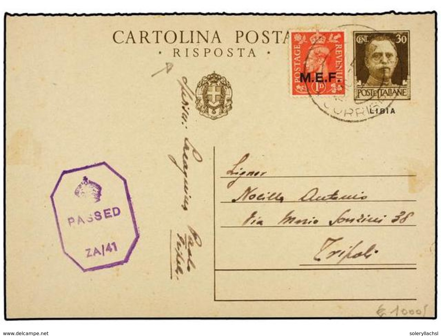 TRIPOLITANIA. 1943 (13-10). TRIPOLI. Entero Postal Italiano De 30 Cts. Habilitado LIBIA En Combinación Con Sello De 1 D. - Otros & Sin Clasificación