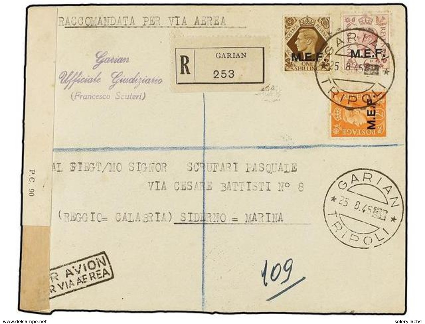 TRIPOLITANIA. Sa.7, 11, 13. 1945 (25-VIII). GARIAN A ITALIA. 2 D. Naranja, 6 D. Lila Y 1 Sh. Castaño, Mat. GARIAN/TRIPOL - Sonstige & Ohne Zuordnung