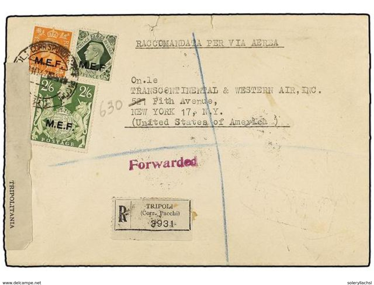 TRIPOLITANIA. Sa.7, 12, 14. 1947 (2-X). TRIPOLI A USA. 2 D. Naranja, 9 D. Verde Y 2/6 Sh. Verde, Etiqueta De Censura Y L - Otros & Sin Clasificación