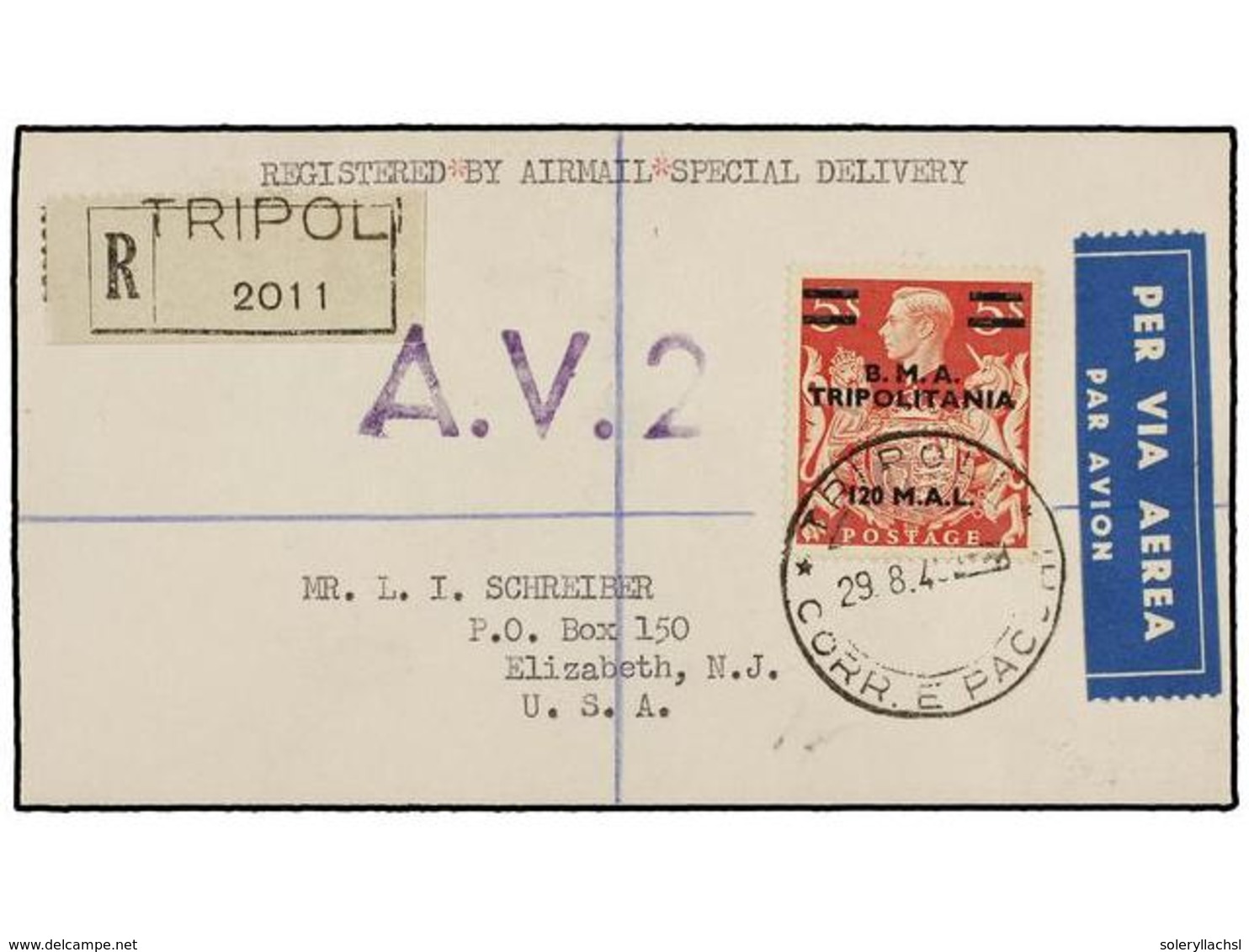 TRIPOLITANIA. Sa.12. 1949 (29-VIII). TRIPOLI A U.S.A. 120 Mal. S. 5 Sh. Carmín, Marca De Censura A.V. 2 Y Al Dorso Llega - Otros & Sin Clasificación