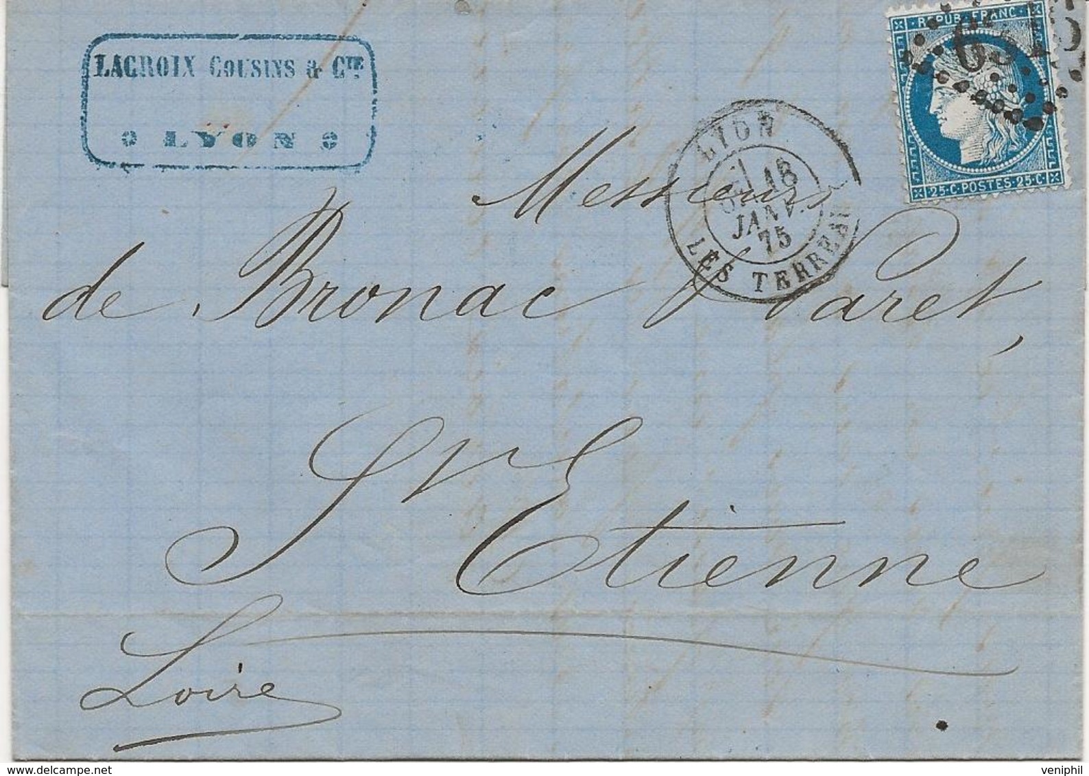 LETTRE AFFRANCHIE N° 60 OBLITEREE LOSANGE GROS CHIFFRES -6316-LYON LES TERREAUX 1875 - 1849-1876: Période Classique