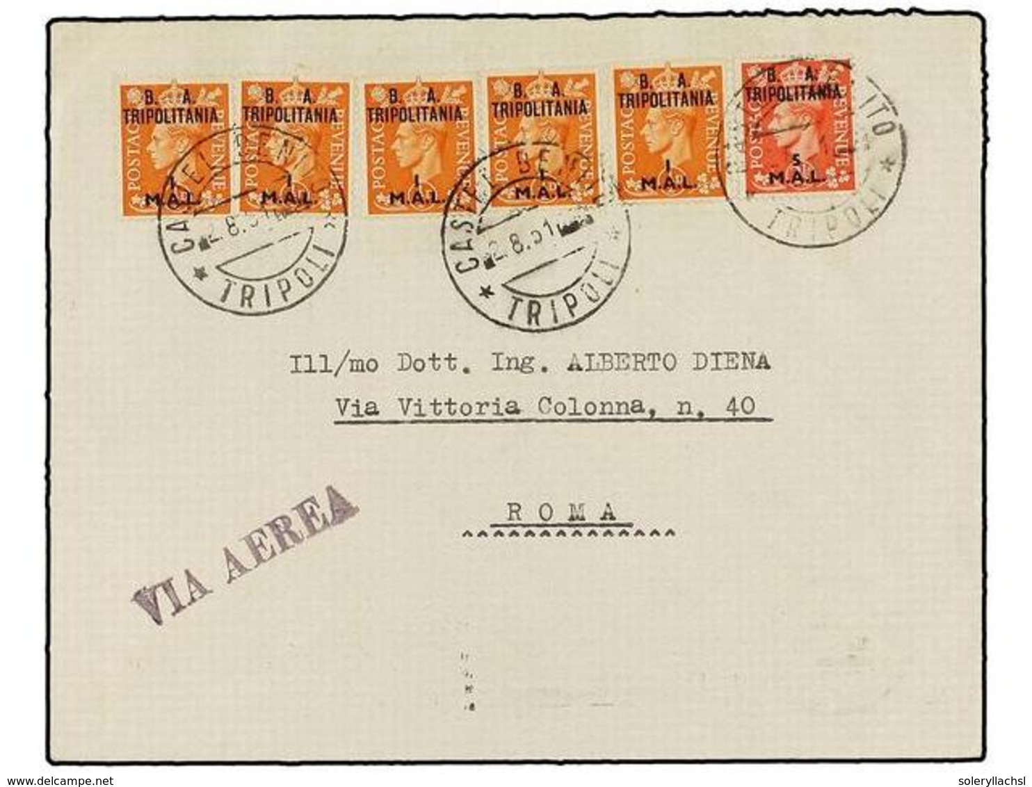 TRIPOLITANIA. Sa.27 (5), 31. 1951 (2-VIII). CASTEL BENITO A ROMA. 1 Mal. Naranja (5) Y 5 Mal. Rojo, Mat.CASTEL BENITO/TR - Sonstige & Ohne Zuordnung
