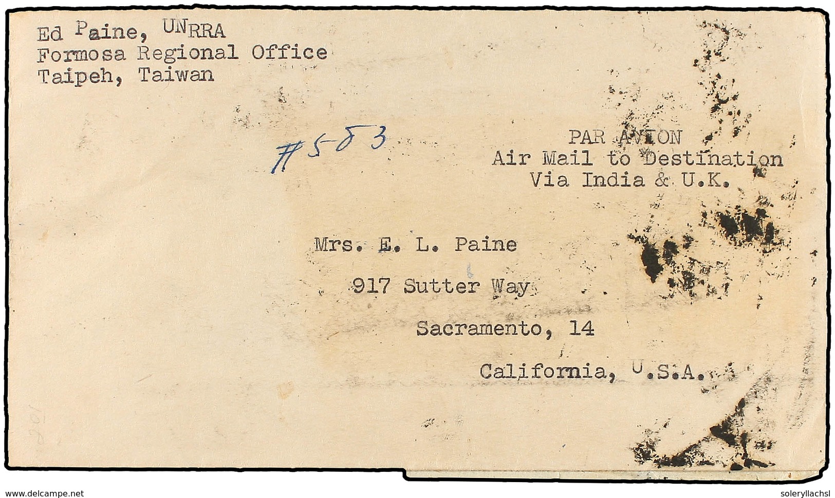 JAPON. 1946. JAPANESE OCCUPATION IN TAIWAN. TAIPEH To SACRAMENTO (U.S.A.). Air Mail Registered Cover Franked With 15 Cen - Otros & Sin Clasificación