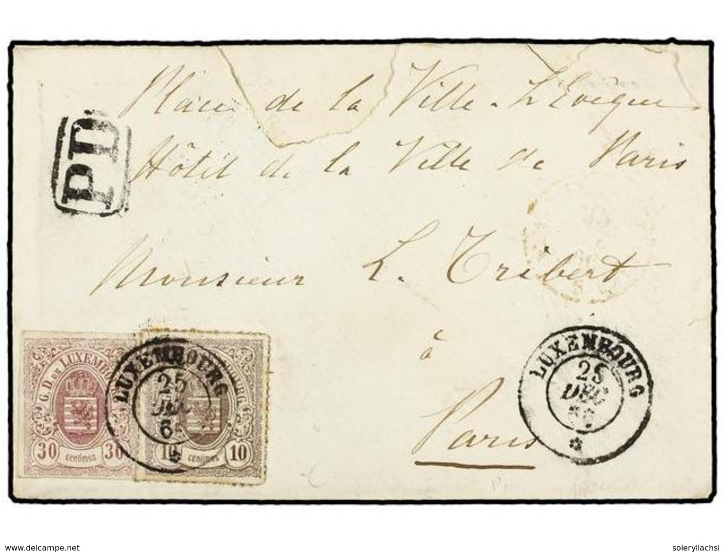 LUXEMBURGO. Sc.10, 19. 1866 (Dec. 25). Christmas Day Cover To PARIS Franked By Impeforate 1859-63 30 C. Rose Lilac And R - Autres & Non Classés