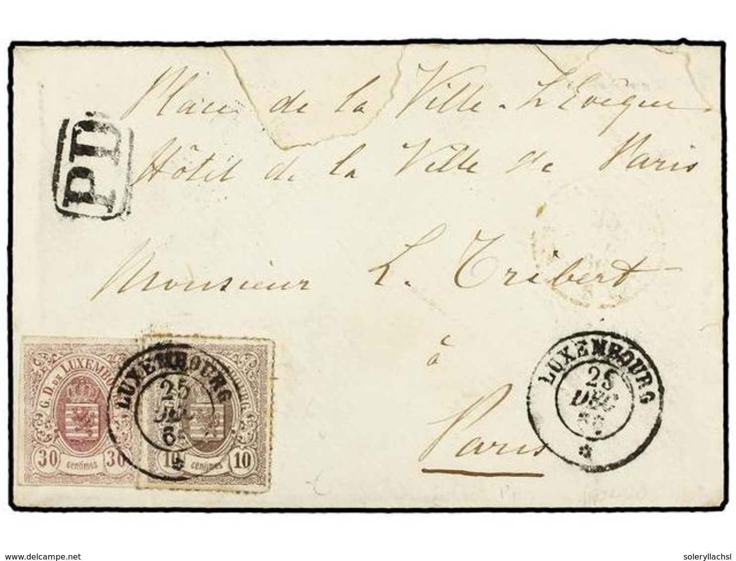 LUXEMBURGO. Sc.10, 19. 1866 (Dec. 25). Christmas Day Cover To PARIS Franked By Impeforate 1859-63 30 C. Rose Lilac And R - Other & Unclassified