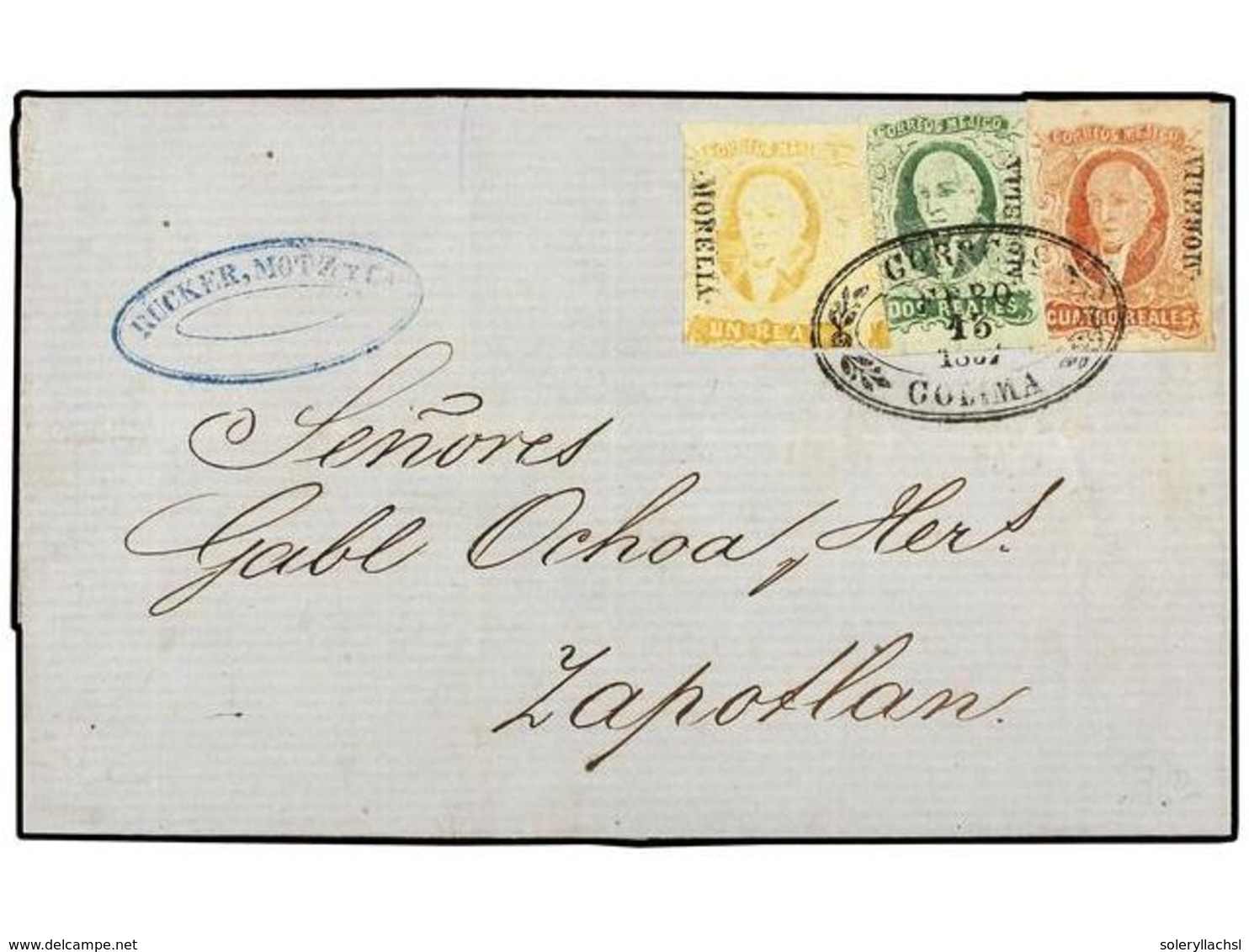 MEXICO. Sc.2, 3, 4. 1857. COLIMA A ZAPOTLAN. 1 Real Amarillo, 2 Reales Verde Y 4 Reales Rojo, Mat. Ovalado CORREOS/COLIM - Andere & Zonder Classificatie