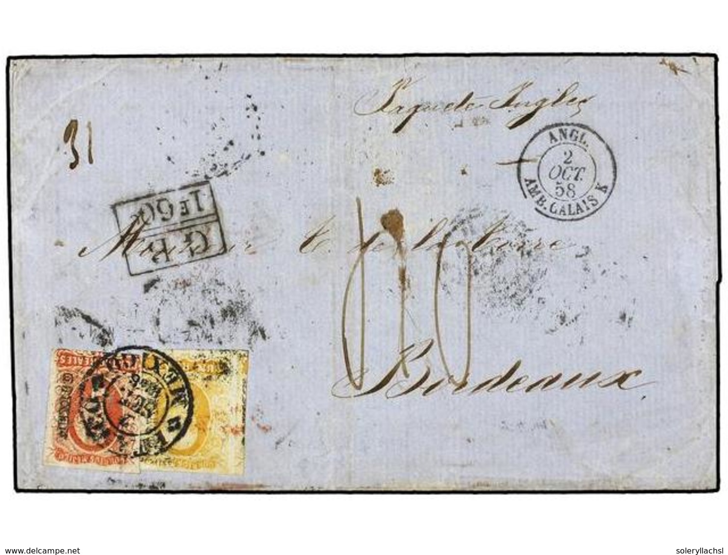 MEXICO. Sc.2, 4. 1858 (Sept. 2). Cover From MEXICO CITY To BORDEAUX Franked By 1856 1r. Yellow And 4r. Carmine Tied By B - Other & Unclassified