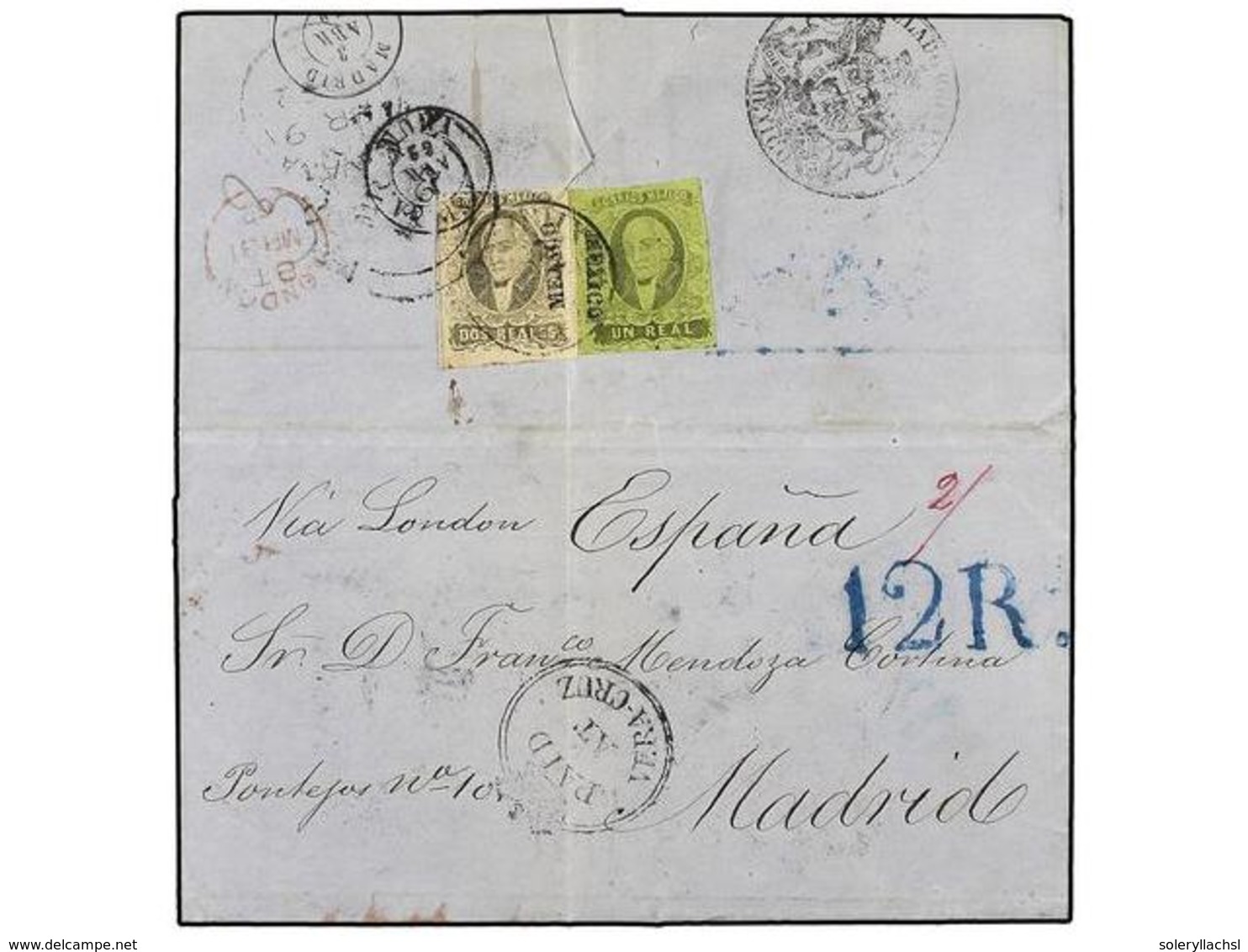 MEXICO. Sc.7, 8. 1861. EMISIÓN DE 1861. Carta De MÉXICO A MADRID. 1 Real Negro S.verde Y 2 Reales Negro S. Rosa Para El  - Other & Unclassified