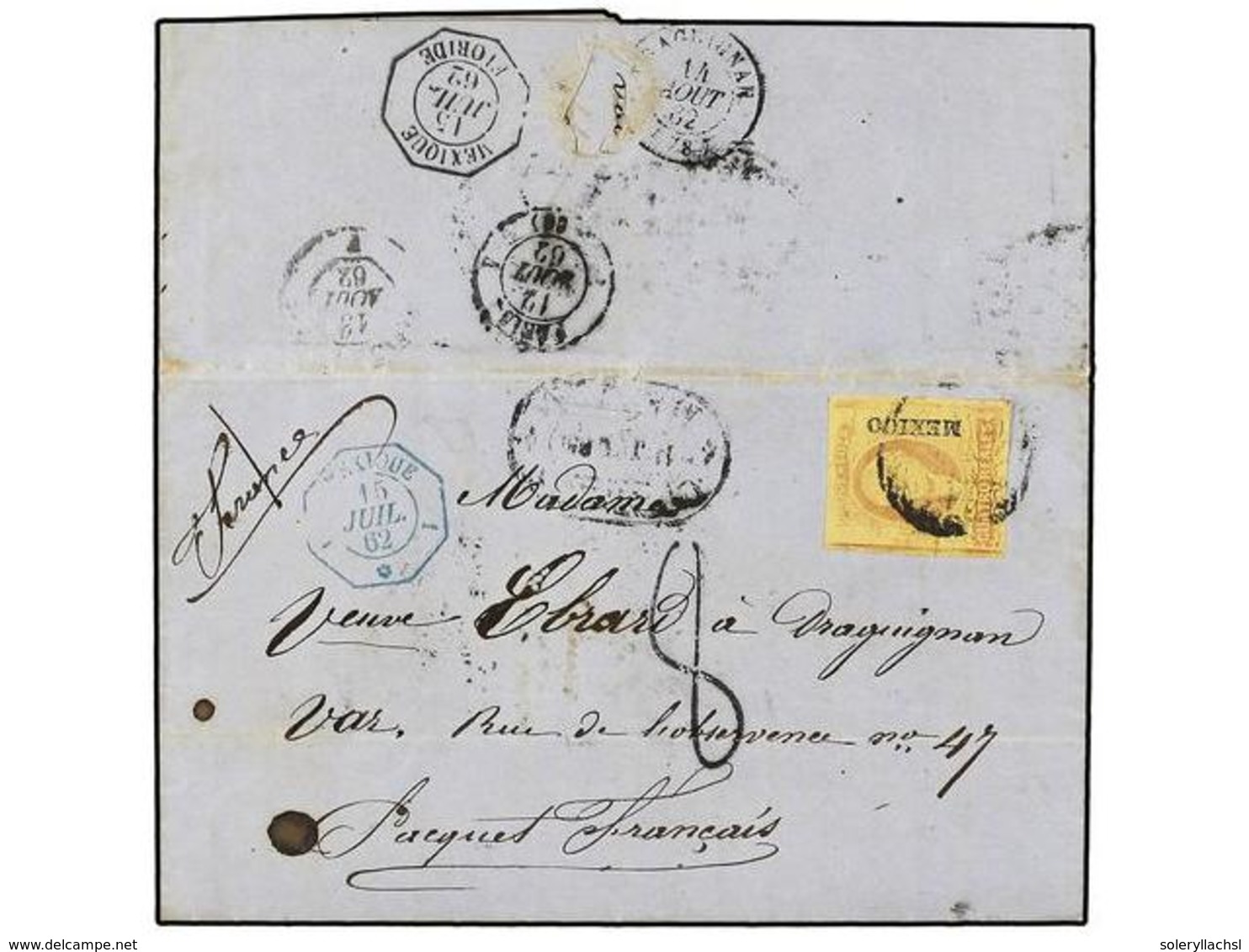 MEXICO. Sc.10. 1862. MÉXICO A FRANCIA. 4 Reales Rojo S. Amarillo. Circulada Por El Correo Francés, Fechador Octogonal En - Other & Unclassified