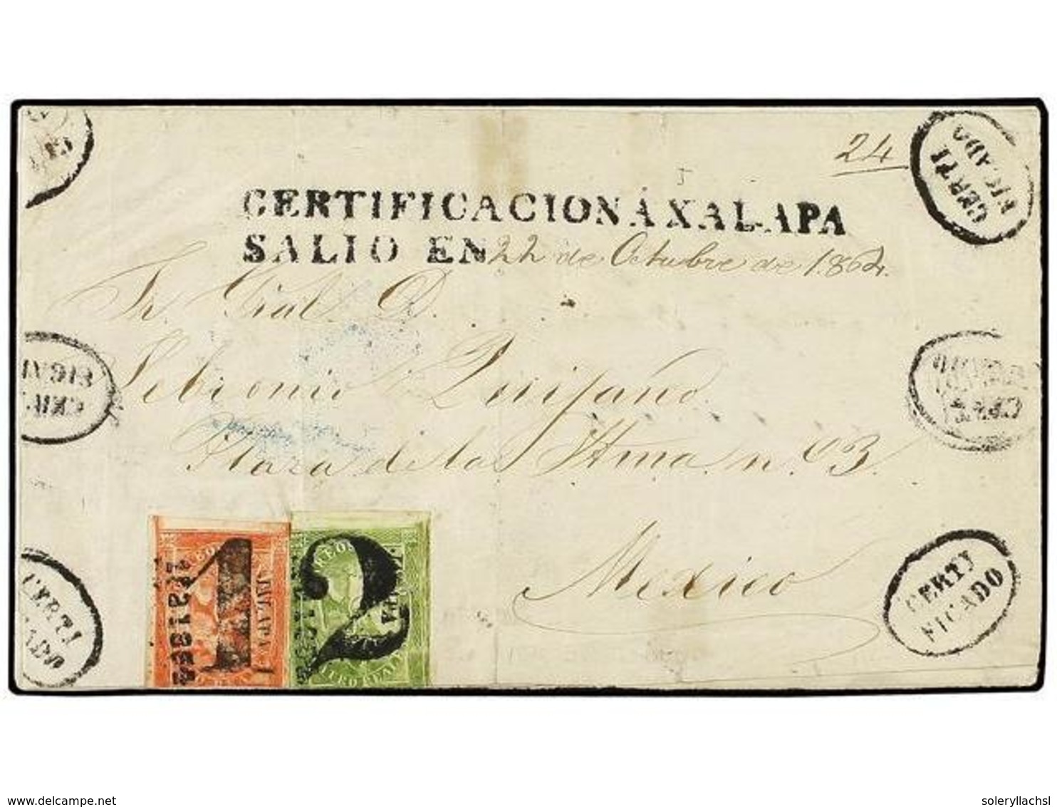 MEXICO. Sc.24a, 25a. 1864 (22 Oct.). FRONTAL De Carta CERTIFICADA De JALAPA A MÉXICO Con Franqueo De 4 Reales Verde Y 8  - Sonstige & Ohne Zuordnung