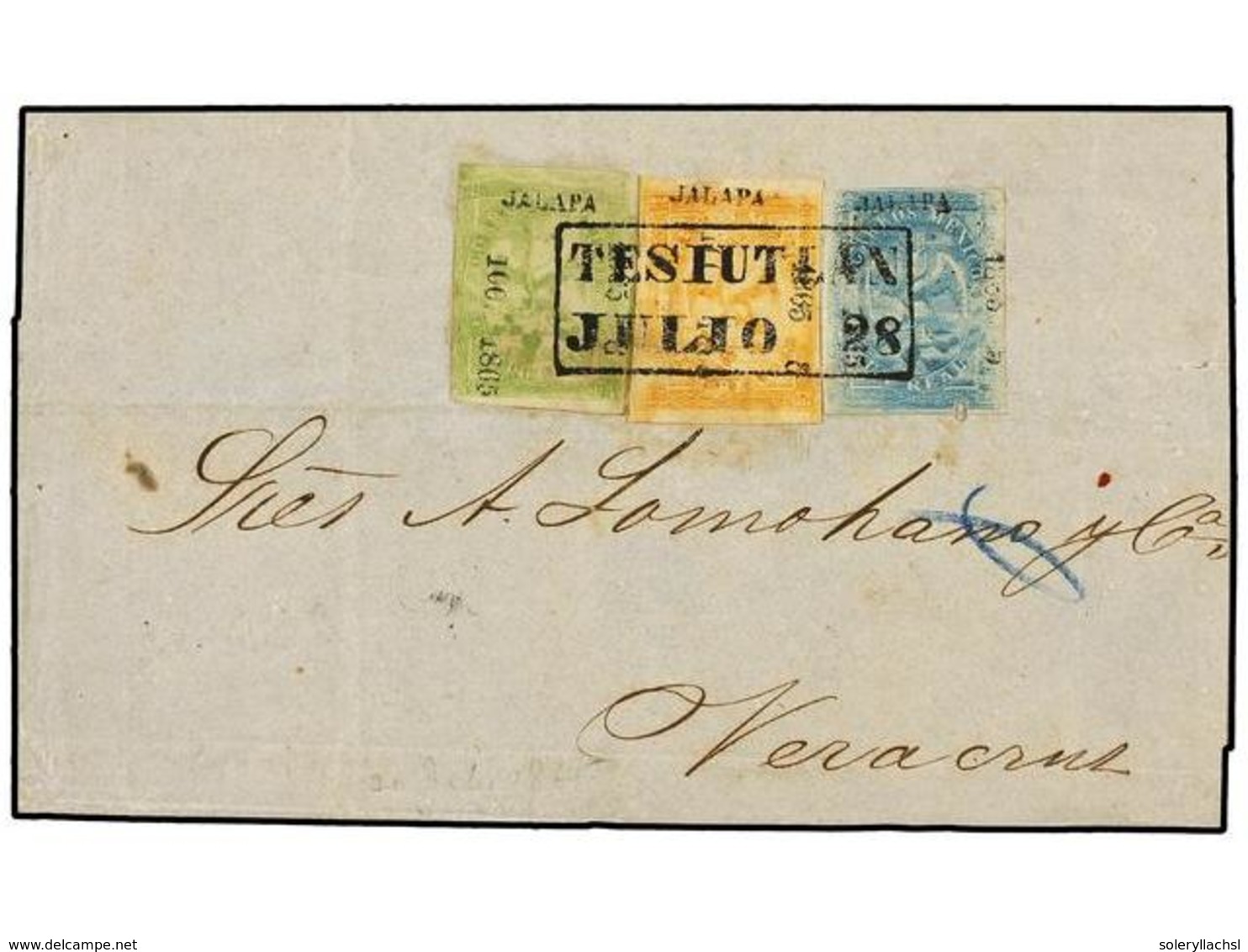 MEXICO. Sc.21, 23, 24. 1865. TESIUTLAN A VERACRUZ. 1 Real Azul Y 2 Reales Amarillo Y 4 Reales Verde Tipos IV, Pequeño Ag - Otros & Sin Clasificación