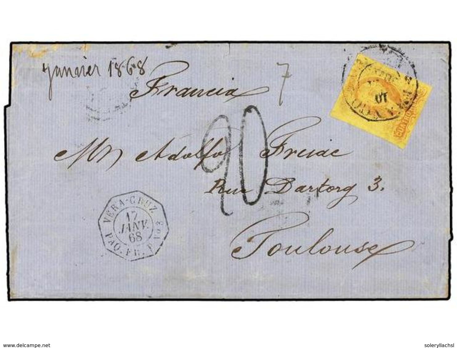 MEXICO. Sc.38. 1868. MÉXICO A TOULOUSE (Francia). 4 Reales Rojo S. Amarillo Con Habilitación MÉXICO 'Gótico', Fechador O - Otros & Sin Clasificación