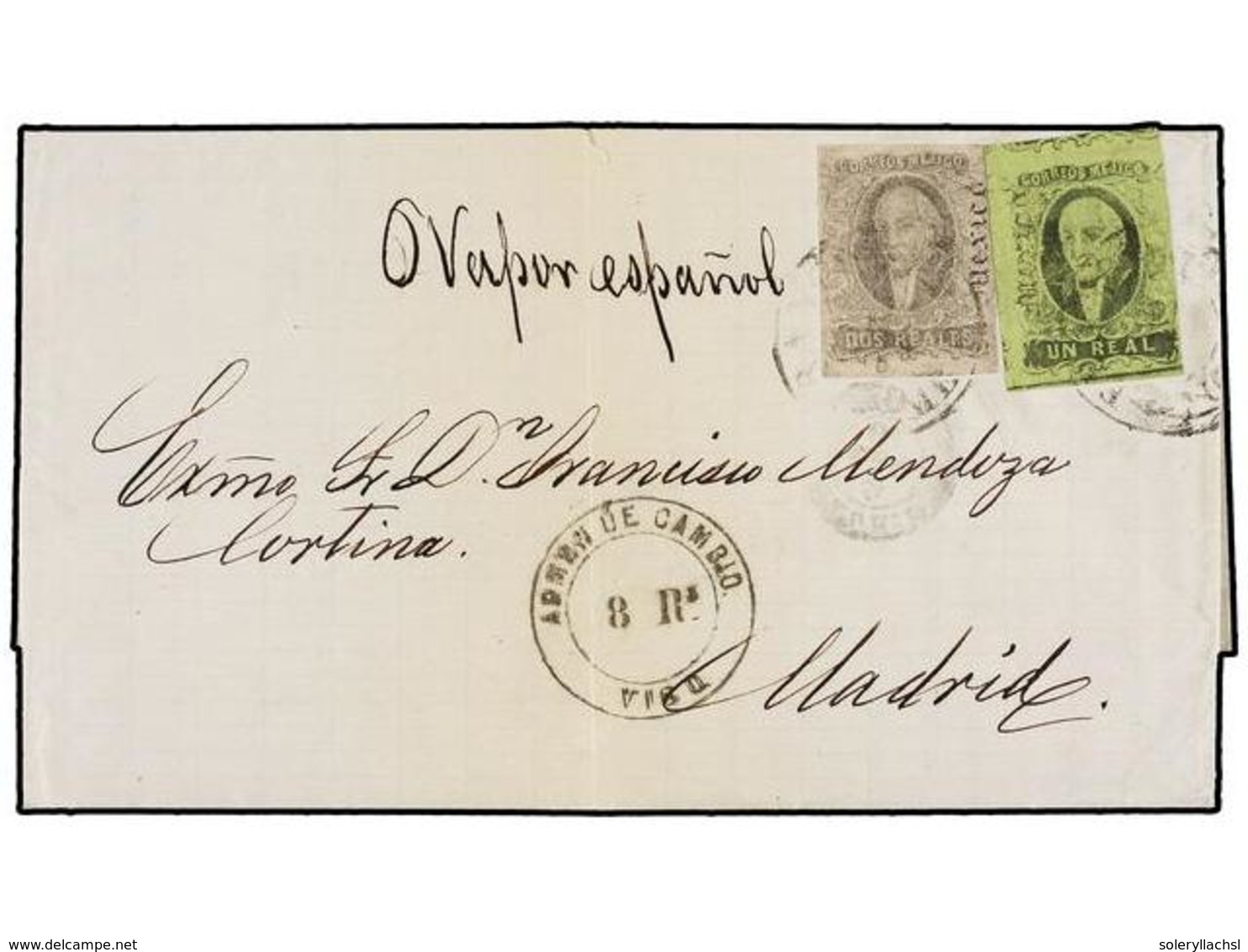 MEXICO. Sc.36, 37. 1868. MÉXICO A MADRID. 1 Real Negro S. Verde Y 2 Reales Negro S. Rosa, Circulada Por El Correo Españo - Autres & Non Classés