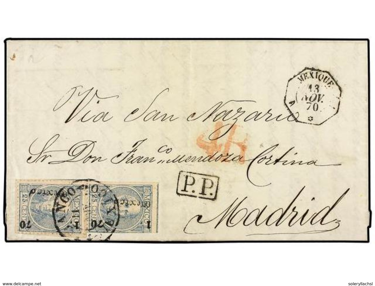 MEXICO. Sc.54 (2). 1870. 25 Cts. Azul (2), Perforados. Carta De MÉXICO A MADRID. Fechador Octogonal Marítimo Francés 1 M - Autres & Non Classés