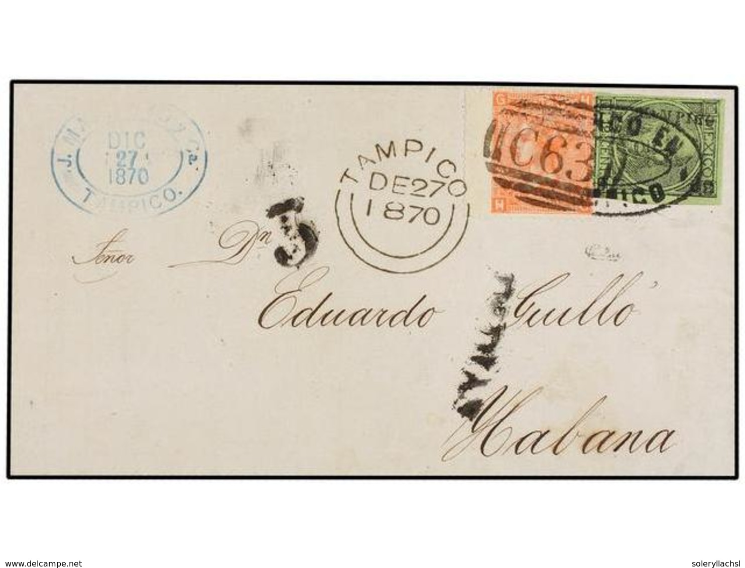 MEXICO. 1870. TAMPICO A LA HABANA. Circulada Con Sello De México De 12 Cts. Negro S. Verde Para El Pago Del Porte Local  - Autres & Non Classés