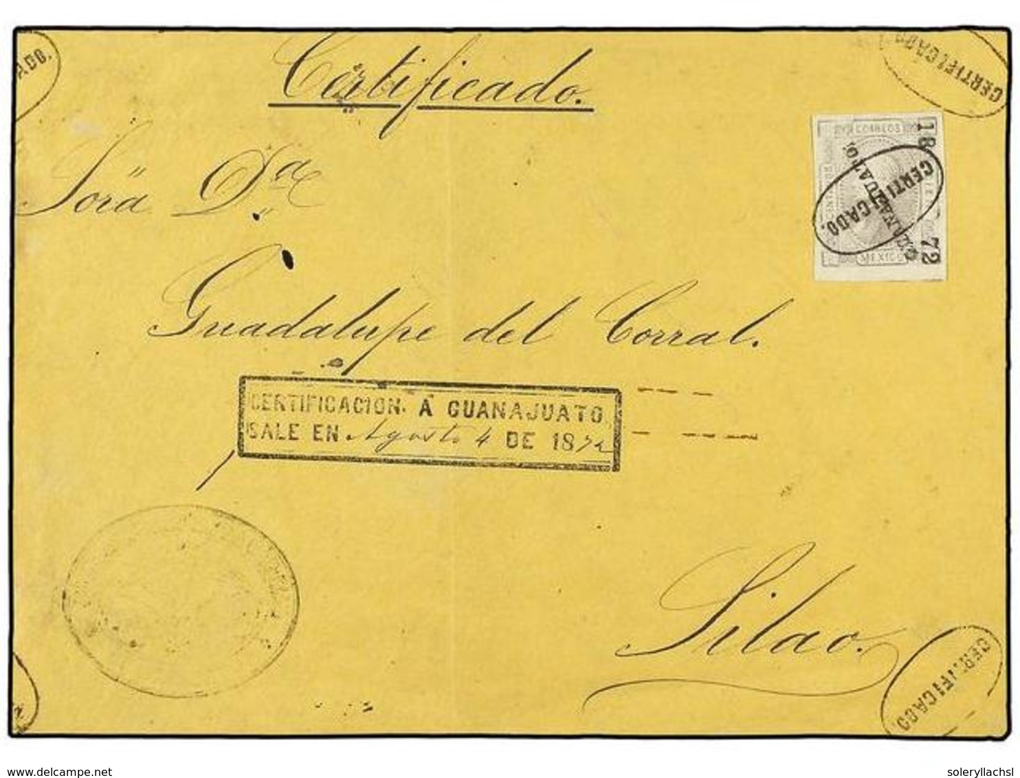 MEXICO. 1872 (Aug 4th). GUANAJUATO. Registered Front Of Cover To SILAO Franked By Scarce Single Usage Of The Imperforate - Otros & Sin Clasificación