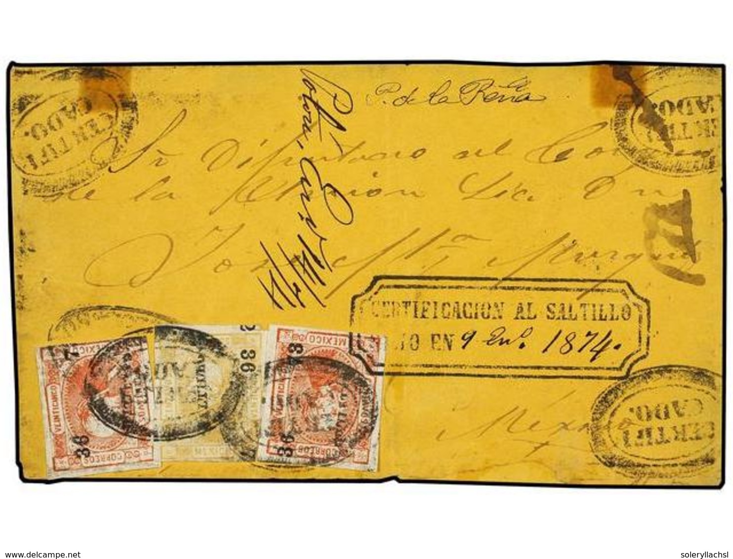 MEXICO. 1874. 25 C. Red (2) With 50 C. Yellow Tied CERTIFICADO In Oval On Large-part Registered Cover Front, Boxed CERTI - Sonstige & Ohne Zuordnung