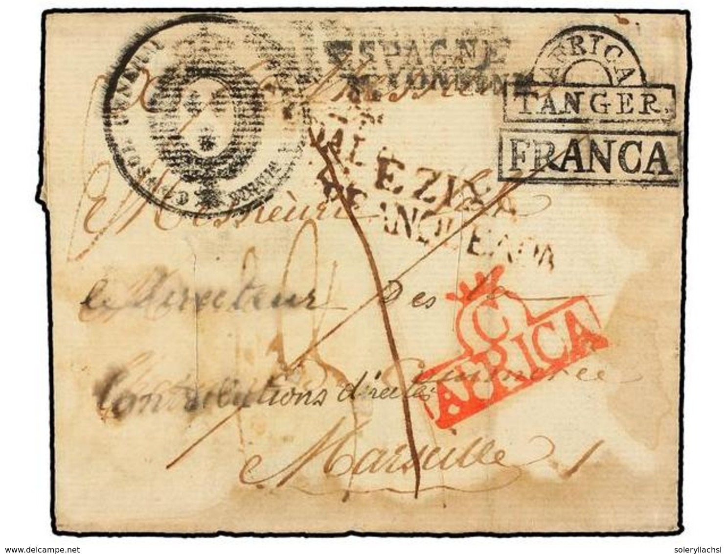 MARRUECOS. (1815 CA.). Envuelta Completa Circulada De TANGER A MARSELLA. Marcas AFRICA/TANGER Y FRANCA En Negro Y Marcas - Autres & Non Classés