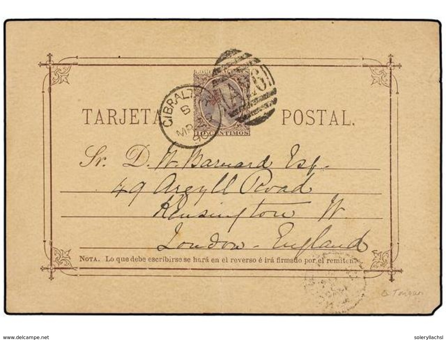 MARRUECOS. 1890. TANGER A LONDRES. Entero Postal Español De 10 Cts. Castaño Circulado Vía Gibraltar, Mat. Duplex GIBRALT - Other & Unclassified