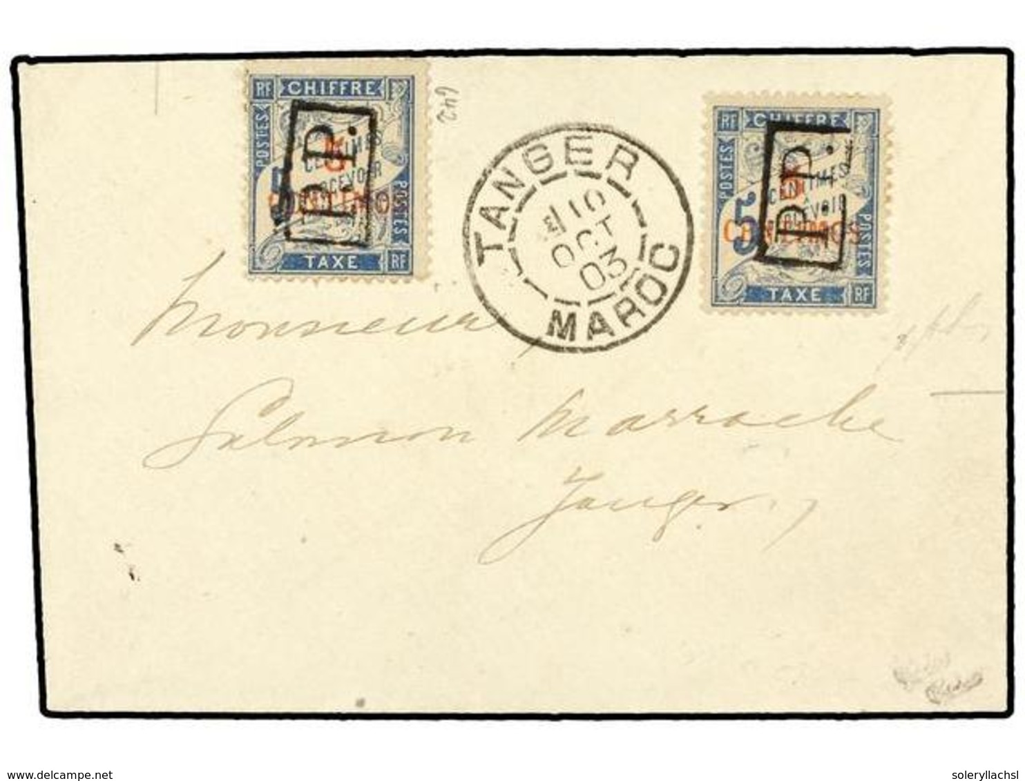 MARRUECOS. 1903. 5 C. On 5 C. Blue Tax Stamp With Black Framed P.P. (2), Tied On Local Cover With Cds TANGER MAROC 10 OC - Otros & Sin Clasificación