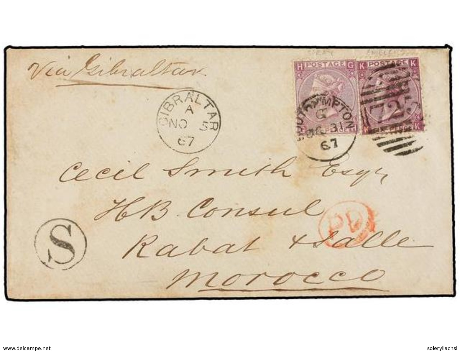 MARRUECOS. 1867. SOUTHAMPTON (Gran Bretaña) To H.B. CONSUL In RABAT (Morocco). Envelope Franked With To British 6 D. Lil - Sonstige & Ohne Zuordnung