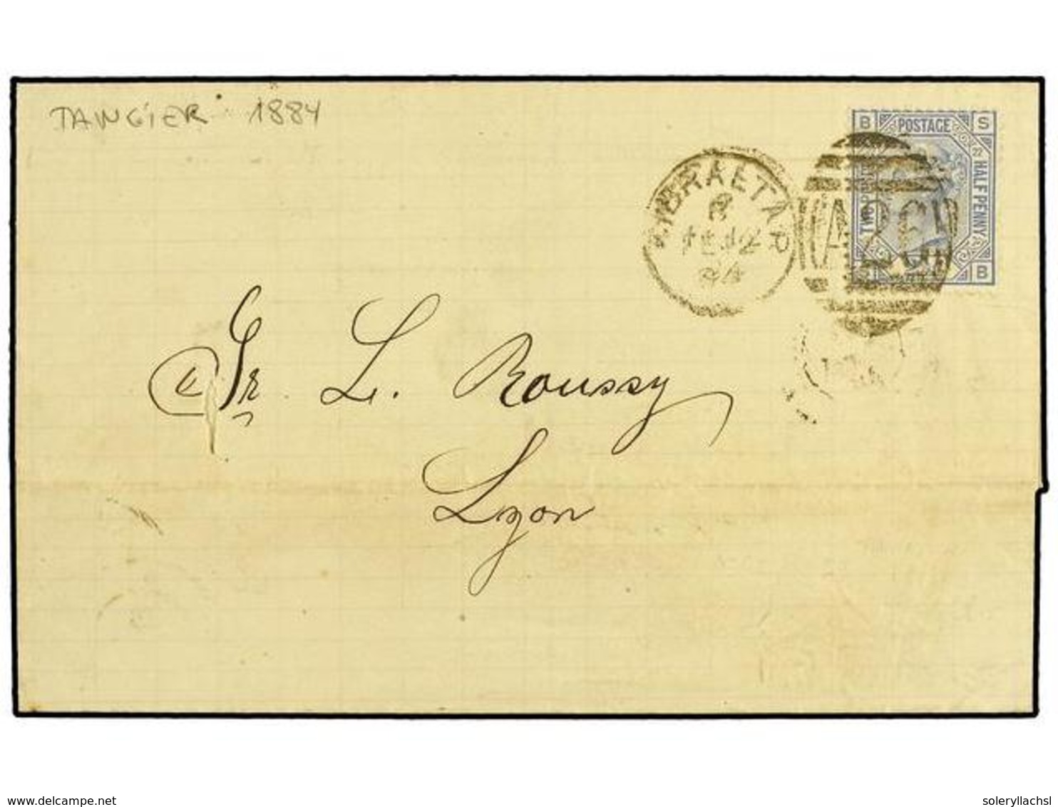 MARRUECOS. 1884 (Feb 11). Outer Letter Sheet From TANGIER, Mailed To LYON With Great Britain 1881 2½d. Ultramarine, Pl.  - Other & Unclassified