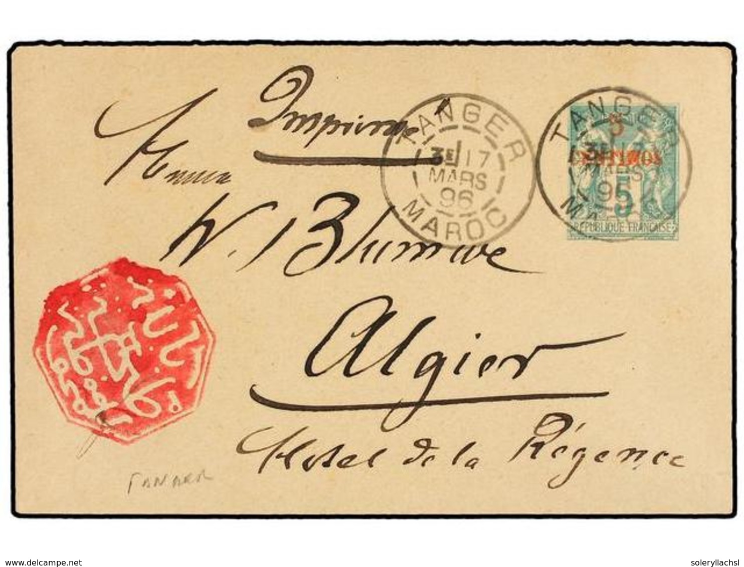 MARRUECOS. 1896. TANGER A ALGER. Entero Postal De 5 Cents. Del Correo Francés Con Mat. TANGER/MAROC, Al Lado Marca Octog - Autres & Non Classés