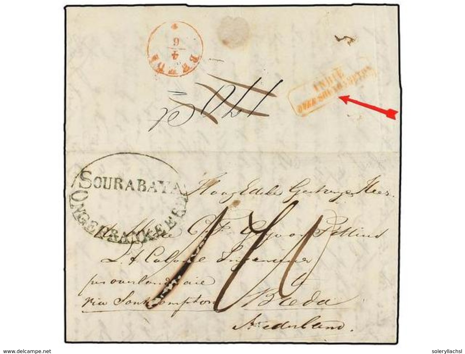 INDIA HOLANDESA. 1849. SOURABAYA To HOLLAND. Oval Blue SOURABAYA/ONGEFRANKEED And Boxed INDIE/OVER SOUTHAMPTON On Revers - Other & Unclassified