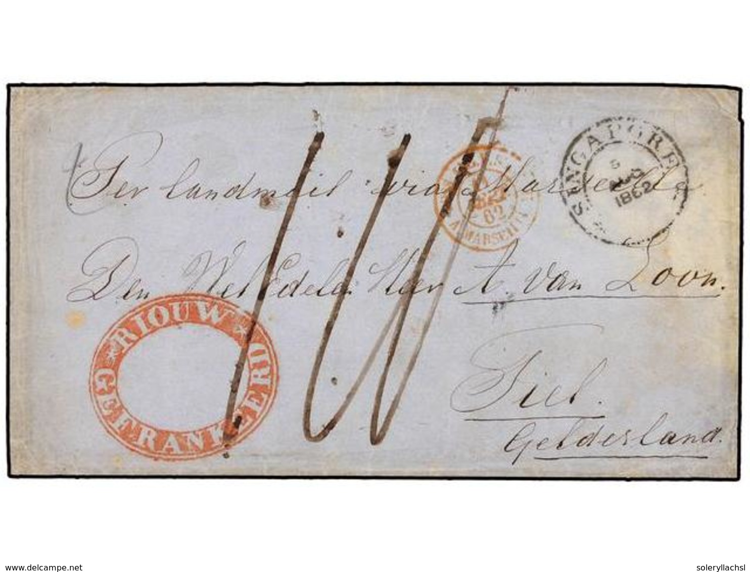 INDIA HOLANDESA. 1862. RIOUW To TIEL (Netherland). Folded Letter With Outstanding Red RIOUW/GEFRANKEERD Oval Mark, Sent  - Sonstige & Ohne Zuordnung