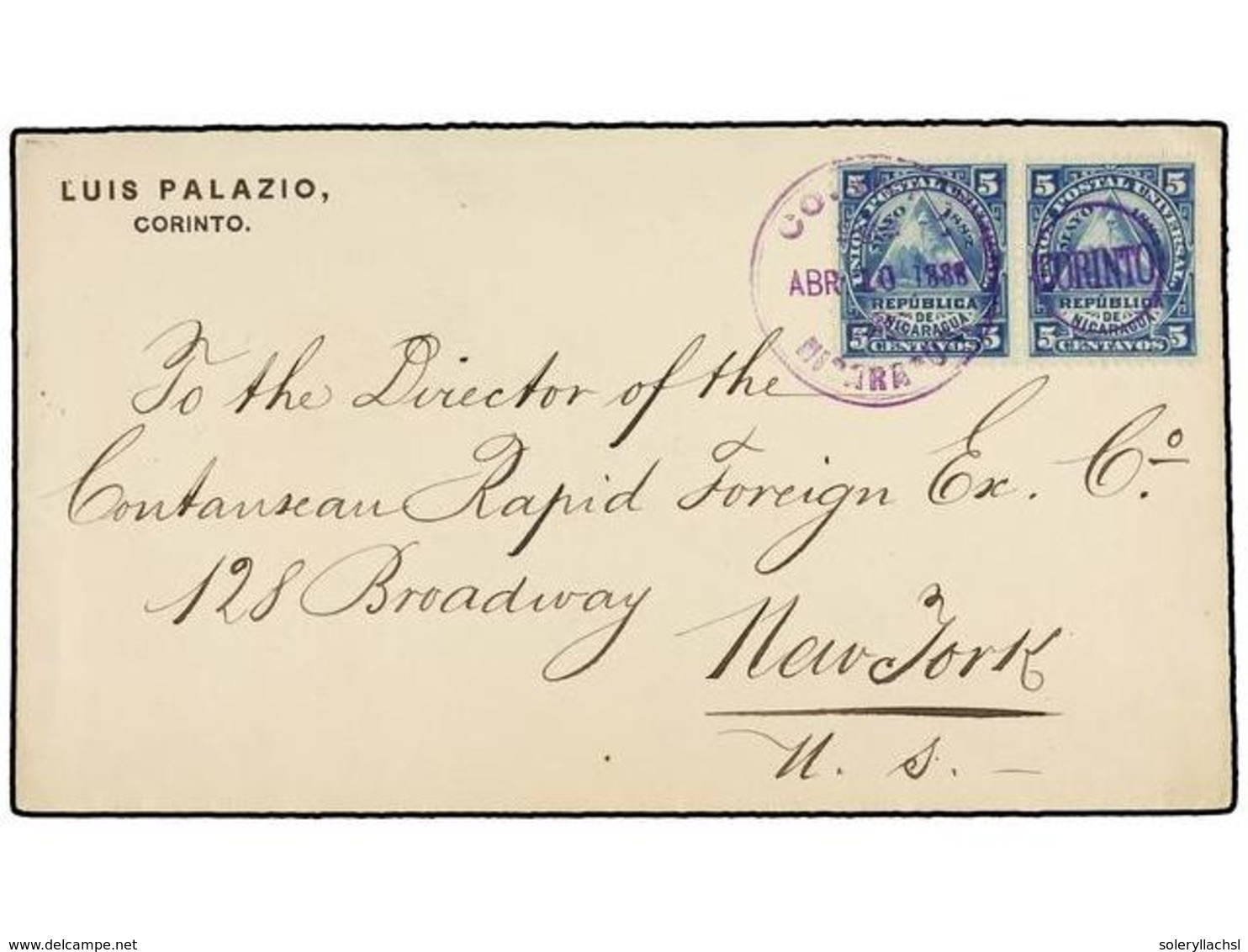 NICARAGUA. Sc.15 (2). 1888. CORINTO A NEW YORK. 5 Cts. Azul (2), Mat. Duplex De Corinto, Al Dorso Llegada, Falta La Sola - Otros & Sin Clasificación