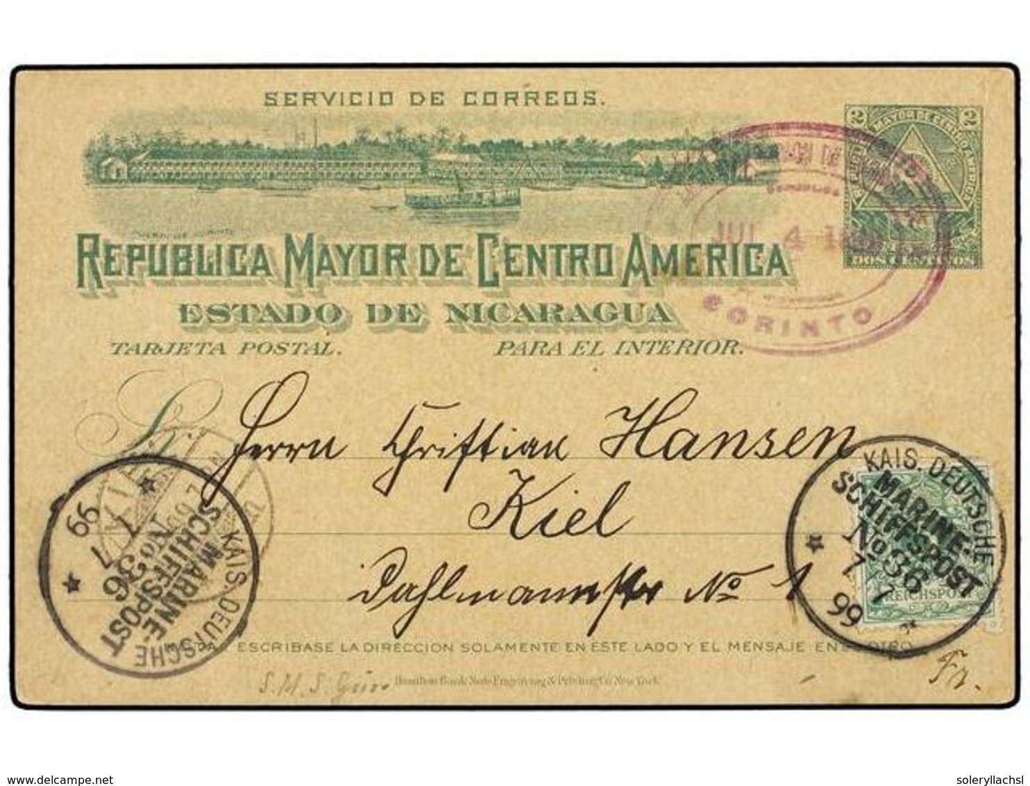 NICARAGUA. 1899 (July 4-7). 2c. Green Postal Stationery Card Written From CORINTO Used To KIEL With Germany Reichspost 5 - Otros & Sin Clasificación