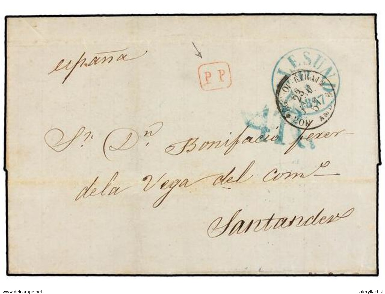 NORUEGA. 1857. ALESUND To SANTANDER (Spain). Folded Letter Sent Via SVINESUND And FRANCE. Red P.P. Mark, Charged 4 R. On - Sonstige & Ohne Zuordnung