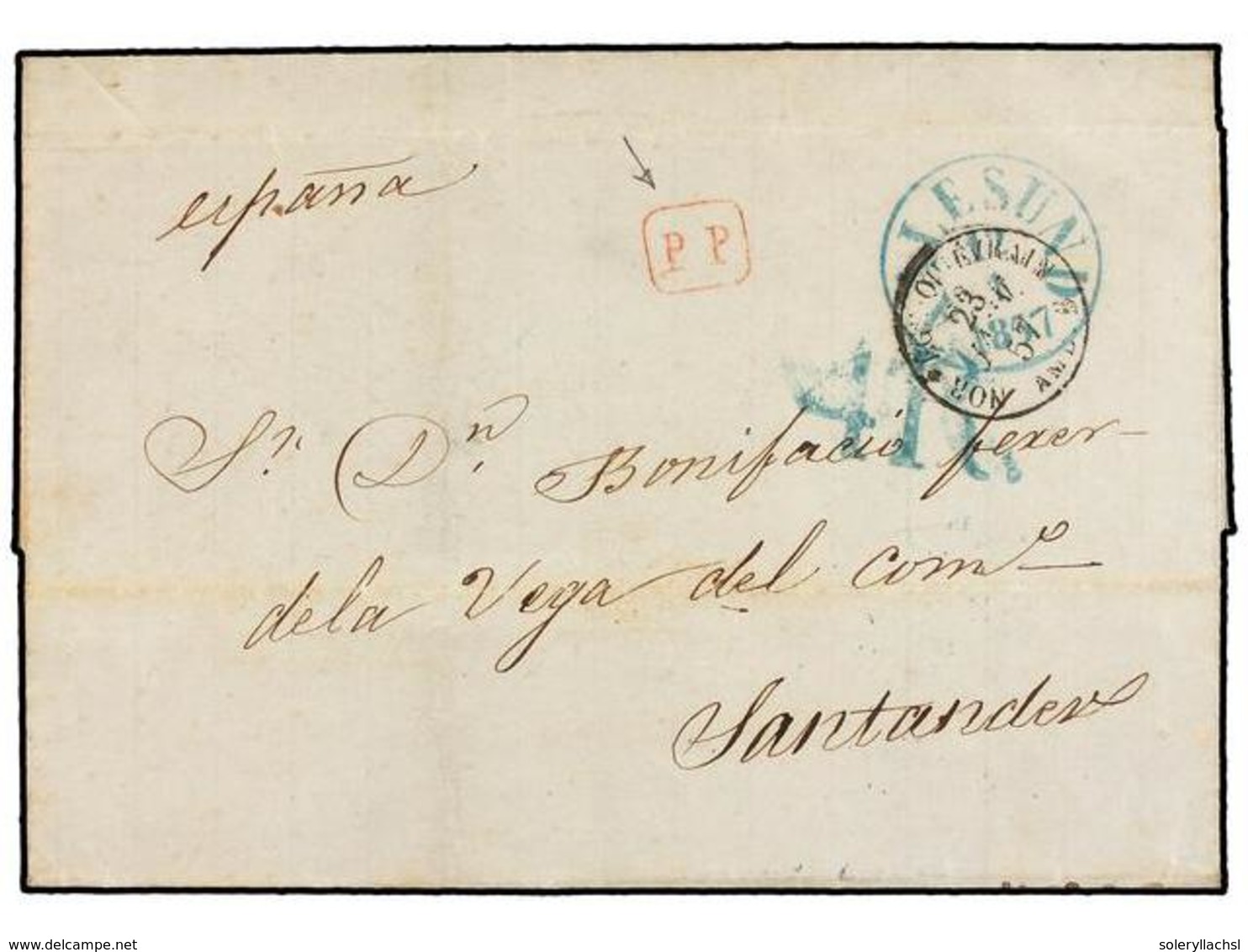 NORUEGA. 1857. ALESUND To SANTANDER (Spain). Folded Letter Sent Via SVINESUND And FRANCE. Red P.P. Mark, Charged 4 R. On - Autres & Non Classés