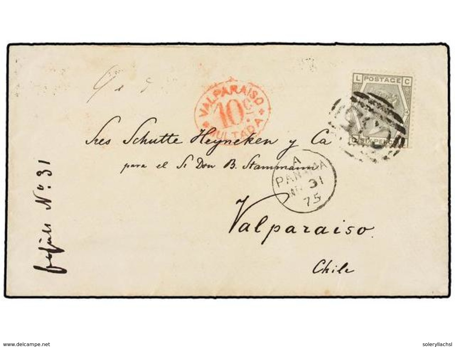PANAMA. 1875. PANAMA To VALPARAISO (Chile). Envelope Franked With British 6 D. Grey Tied By B.P.O. C35 Cancel. Taxed On  - Other & Unclassified