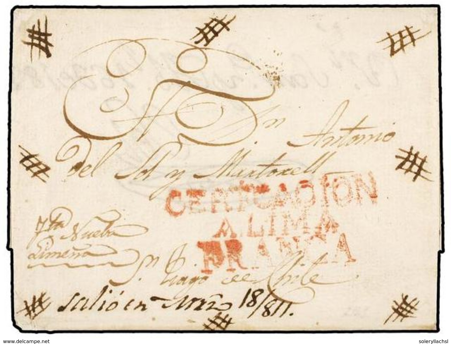 PERU. 1811 (18 Marzo). LIMA (Perú) A SANTIAGO DE CHILE. Envuelta De Carta Certificada. Marca CERTIFICACION/A LIMA/FRANCA - Autres & Non Classés