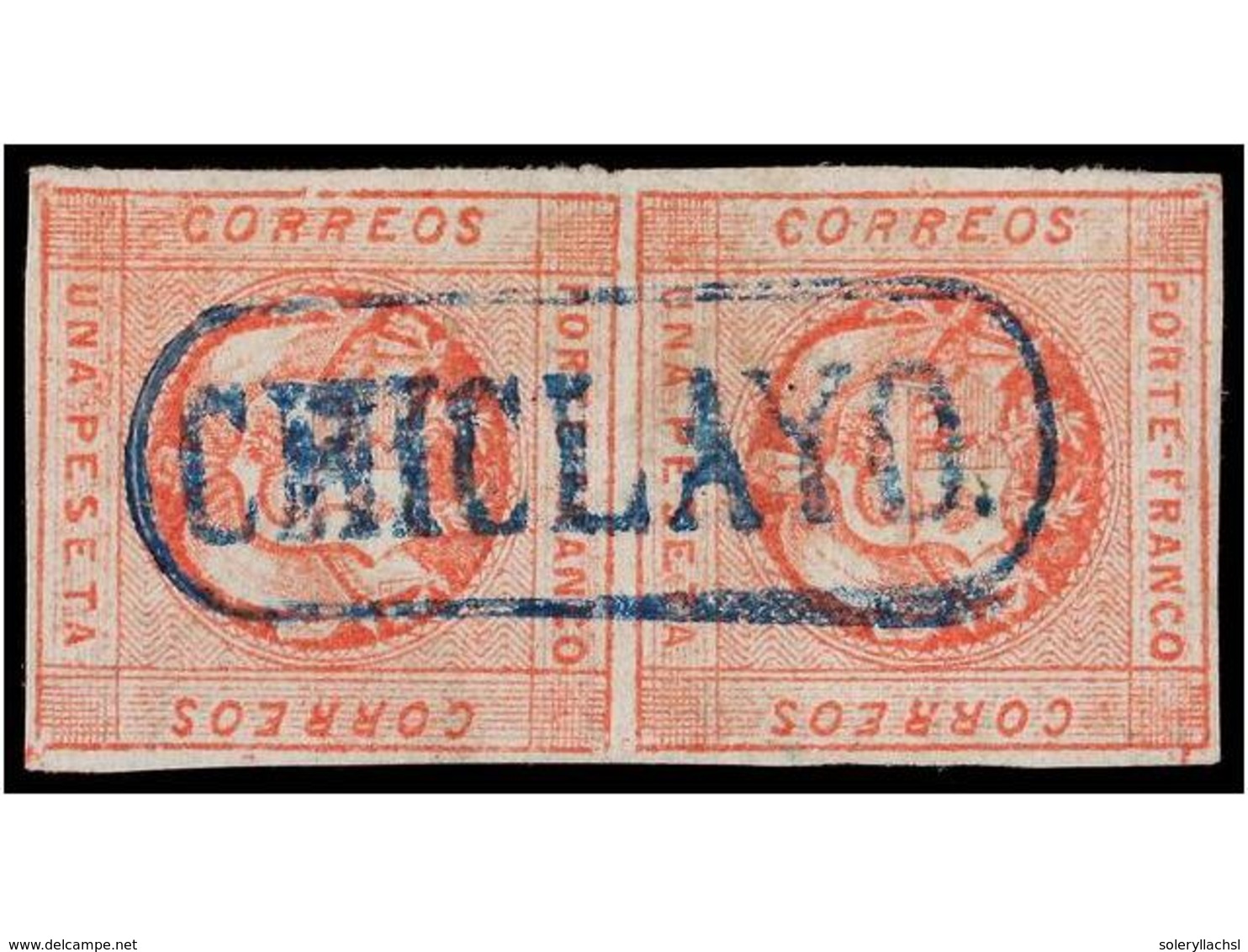 ° PERU. Sc.10 (2). 1860. 1 Peseta Rojo, Pareja, Mat. Lineal CHICLAYO En Azul. MUY BONITA. - Autres & Non Classés