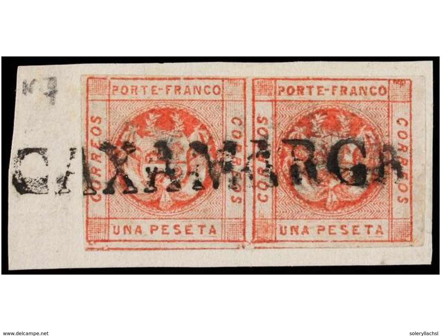 PERU. Sc.10 (2). 1860. 1 Peseta Rojo En Pareja Sobre Pequeño Fragmento, Mat. Lineal CAXAMARCA. MUY BONITO. - Otros & Sin Clasificación