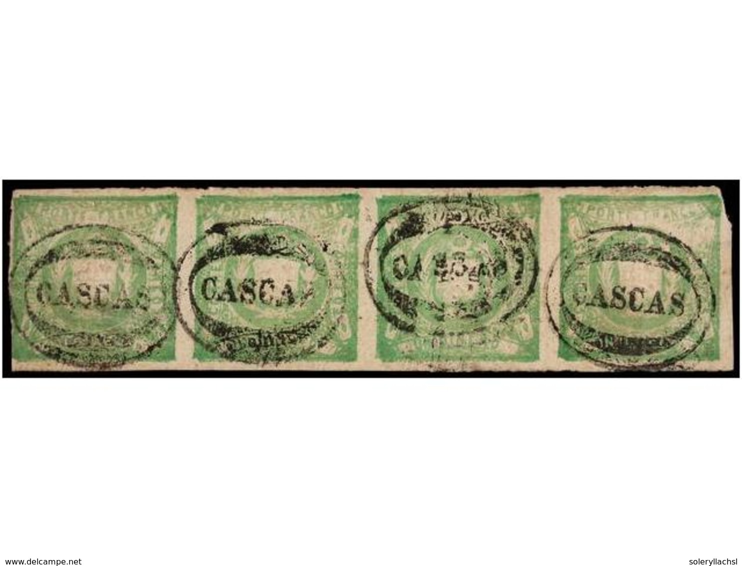 ° PERU. Sc.14 (4). 1868. 1 Dinero Verde, Tira De Cuatro, Mat. CASCAS, Algún Mínimo Defecto. Excelente Aspecto. - Autres & Non Classés