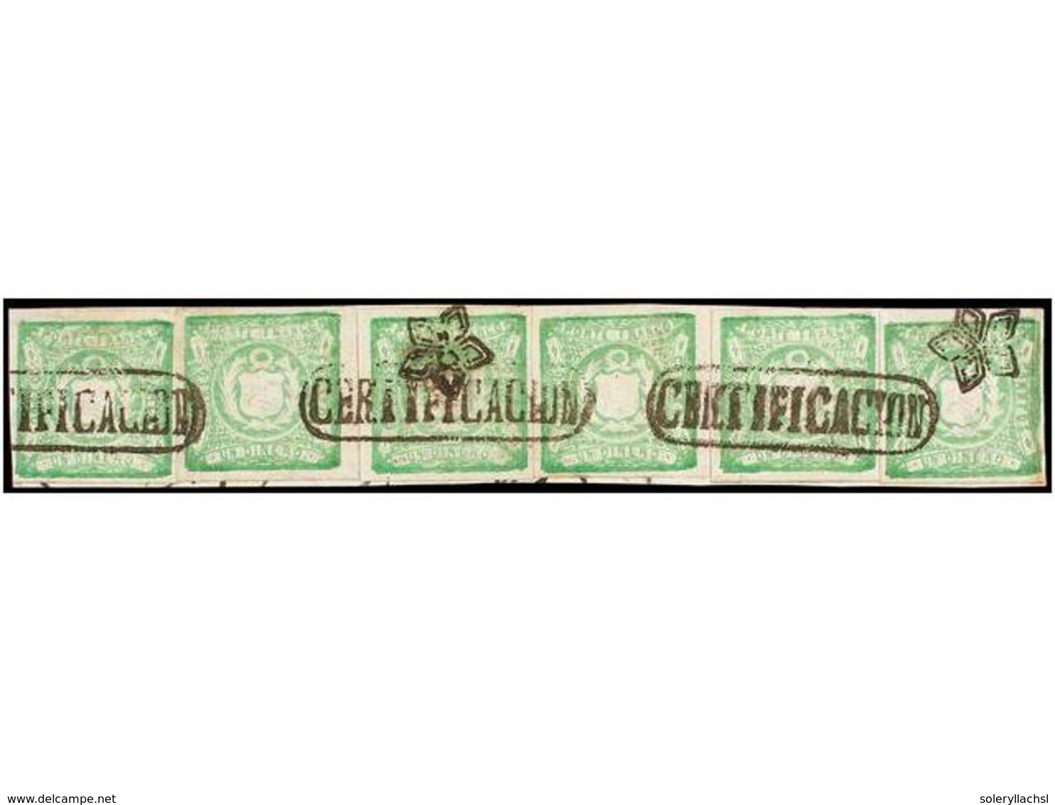 PERU. Sc.14 (6). 1868. 1 Dinero Verde, Seis Sellos Sobre Pequeño Fragmento, Mat. CERTIFICACION. ESPECTACULAR Y De GRAN B - Other & Unclassified