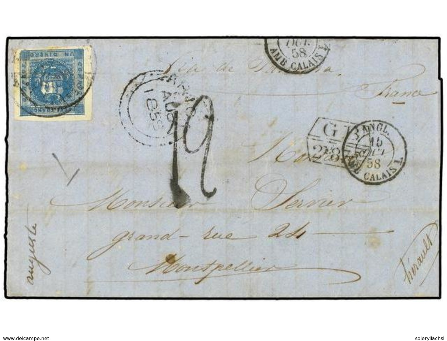 PERU. 1858 (Aug 6). Large Part Entire Letter To France Franked By 1858 1d. Deep Blue With Four Margins And Tied By Black - Other & Unclassified