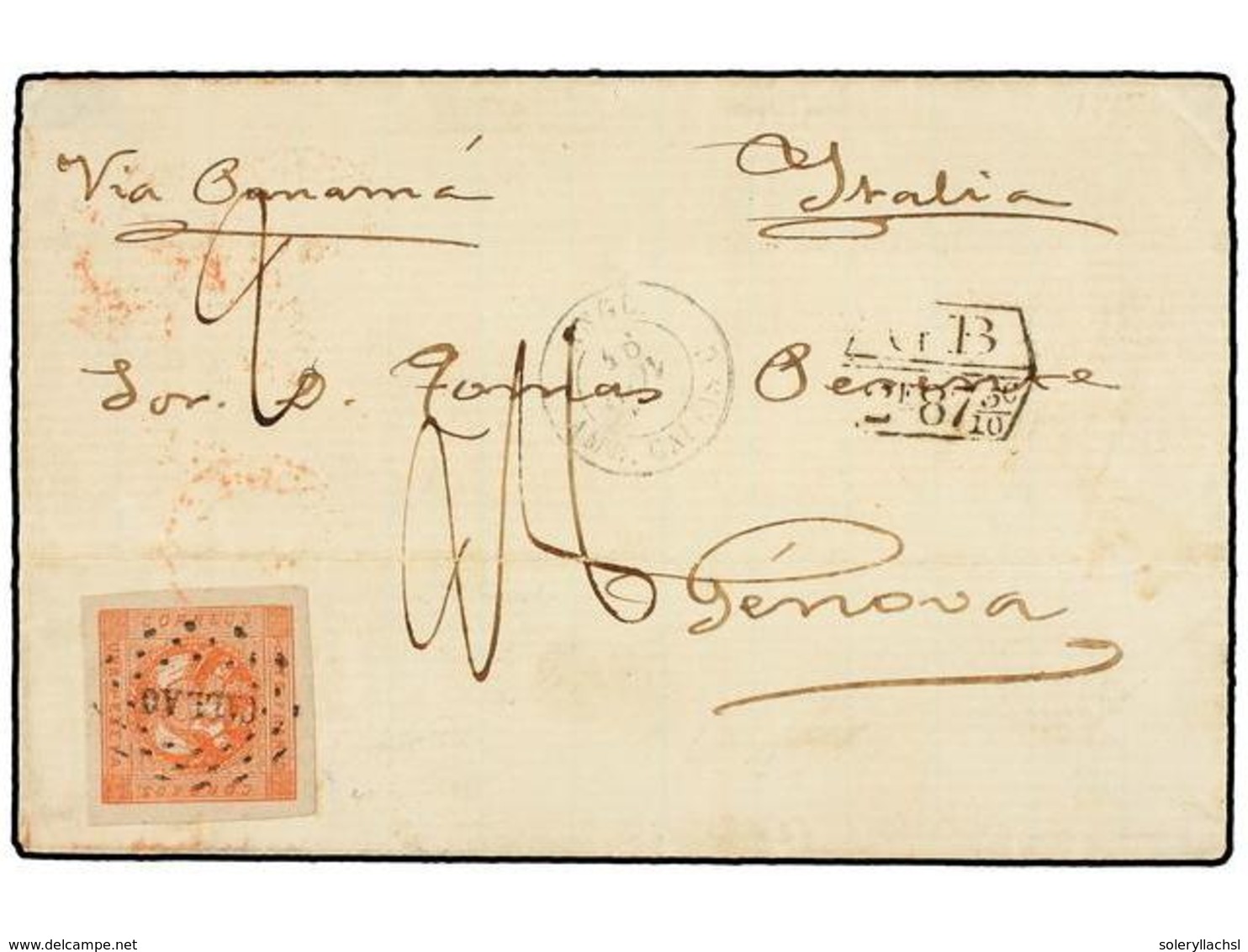 PERU. Sc.4. 1858. LIMA A GÉNOVA (Italia). Envuelta (sin Las Solapas Laterales), Franqueada Con Sello De 1 Peseta Rojo, M - Other & Unclassified