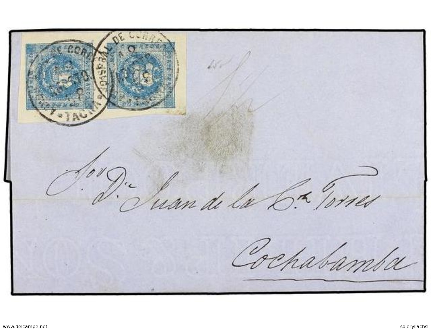 PERU. Sc.3 (2). 1858. TACNA A COCHABAMBA. 1 Dinero Azul, Pareja, Plancha Gastada, Mat. FECHADOR De TACNA. Márgenes Excep - Autres & Non Classés