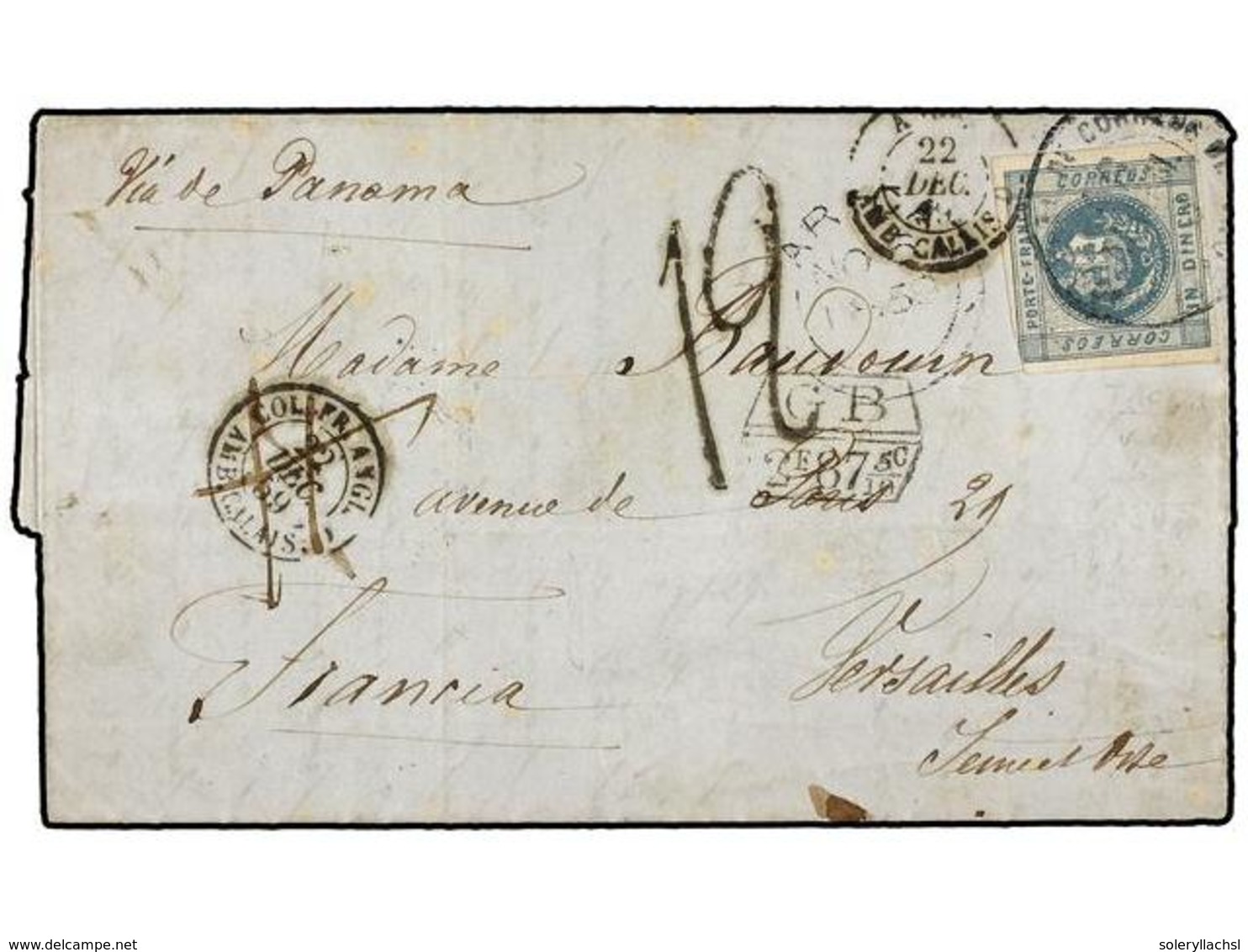PERU. 1859. TACNA A FRANCIA. 1 Dinero Azul Por El Pago Del Porte Local, Fechador De La B.P.O. ARICA Y Marca De Intercamb - Other & Unclassified