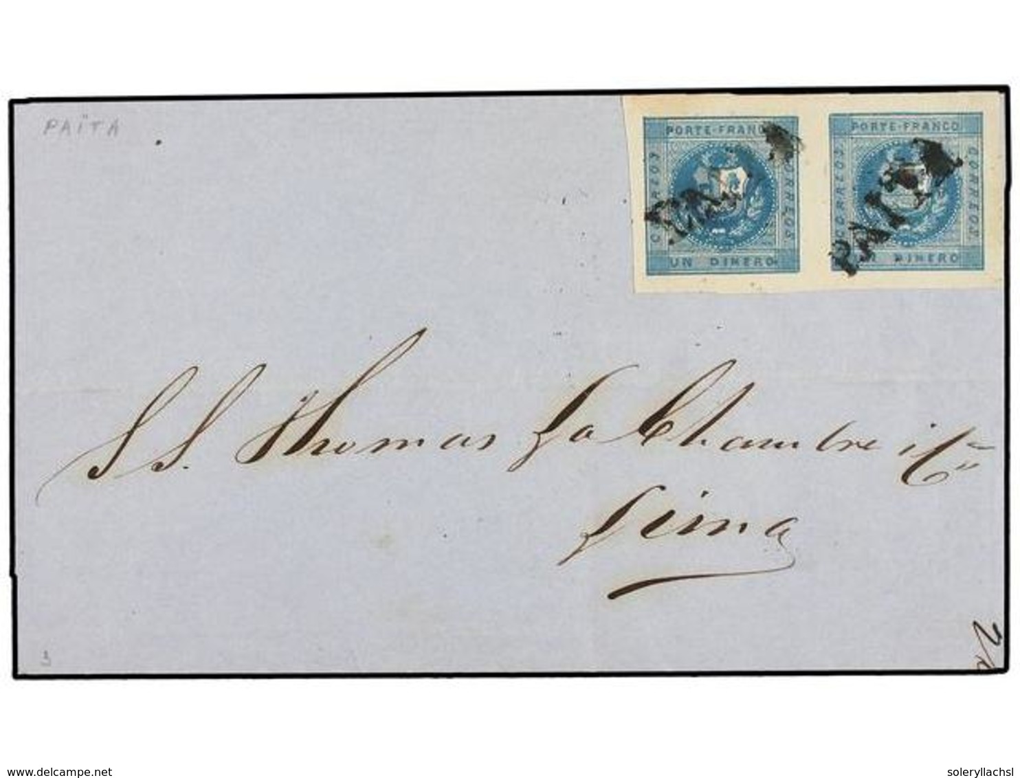 PERU. Sc.3 (2). 1859. PAITA A LIMA. 1 Dinero Azul En Pareja, Mat. Lineal PAITA. Muy Bonita. - Otros & Sin Clasificación