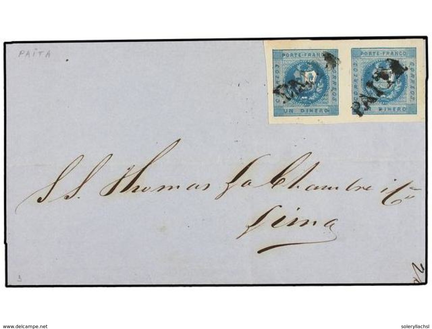 PERU. Sc.3 (2). 1859. PAITA A LIMA. 1 Dinero Azul En Pareja, Mat. Lineal PAITA. Muy Bonita. - Other & Unclassified