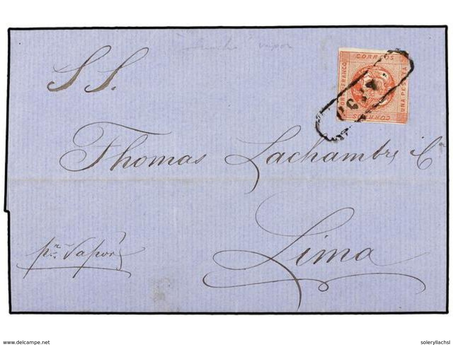 PERU. Yv.7. 1860 (21 Sept.). HUACHO A LIMA. 1 Peseta Rojo. Mat. Lineal VAPOR. RARA. - Autres & Non Classés