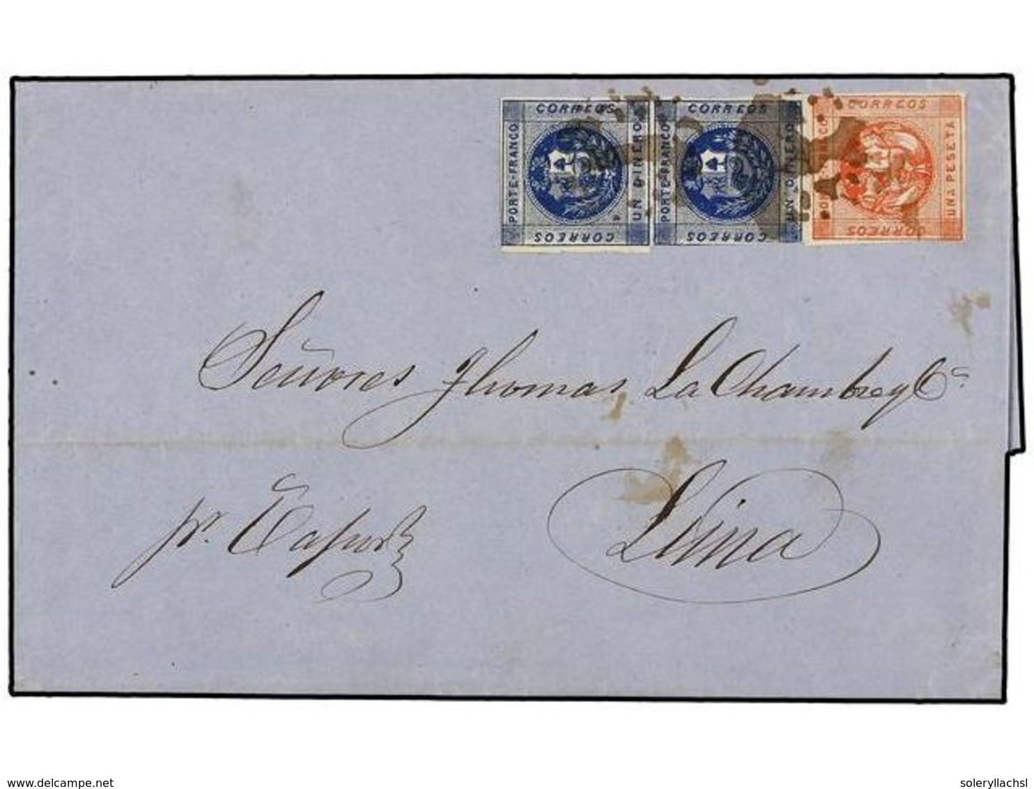 PERU. 1860 (3 Sept.). ISLAY A LIMA. 1 Dinero Azul Pareja Y 1 Peseta Rojo. Mat. ÓVALO DE PUNTOS Y Manuscrito 'por Vapor'. - Other & Unclassified